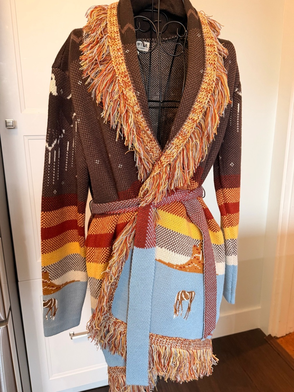 Idyllwind Multicolor Fringe Belted Cardigan — Brown, Rust, Yellow & Sky Blue